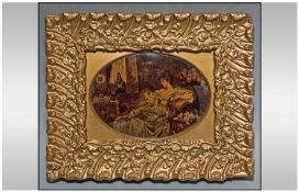 Small Oval Chrystoleum Depicting A Gainsborough Woman In A Parlour Setting, Gilt Mount And Moulded