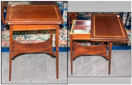 Card Table with marquetry inlay, on four tapering legs, green velvet covering and storage shelf