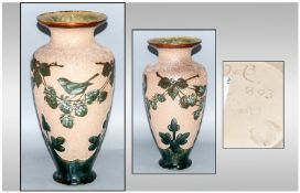 Doulton Lambeth Vase With Raised Floral and Bird Decoration standing 12 inches High. Full Markings
