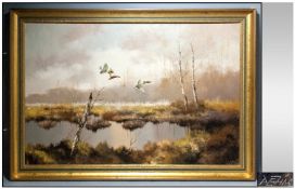 Framed Oil on Canvas `Geese in Flight`. 23 by 36 inches, Signed lower right.