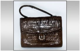 Crocodile Leather Handbag, small satchel style, two section handbag in supple, mid-brown crocodile