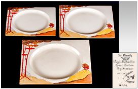 Clarice Cliff Art Deco Hand Painted Trio Of Bizarritz Graduating Platters, `Coral Firs` pattern.