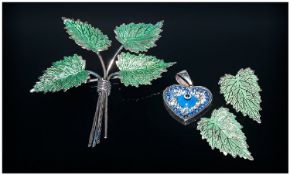 A Vintage Silver Brooch and Matching Earrings, In The Form of Leaf`s. Marked Silver.