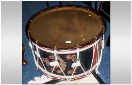 Vintage Drum Glazed Top Coffee Table an antique painted drum with the Insigna West Middsex Action