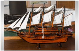 Wooden Model Ship With 4 Masts With Canvas Sails, fully rigged. Hand made. Scratch built. 36`` in