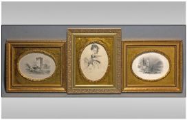 Three Victorian Framed Pencil Sketches in modern Gilt Frames One depicting a girl holding a dove.