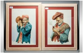 GIANNI Pair Of 19thC Italian Framed Watercolours Of Typical Style Portrait Figures, Elderly
