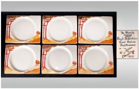 Clarice Cliff Art Deco Hand Painted Set Of Six Bizarritz Shaped Plates `Coral Firs` Pattern. Circa