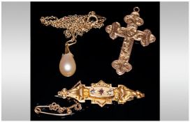 A Small Collection of Vintage Gold Jewellery ( 3 ) Items In Total. Comprises 1/ 9ct Gold Cross,