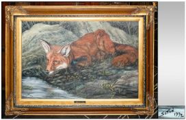 Keith Sutton Original Framed Oil on Board Titled `The Sly Fox`. Signed and Dated 1992 lower left.