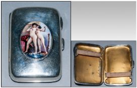 Art Nouveau Fine Silver And Enamel Small Cigarette Case decorated to centre with an enamel picture