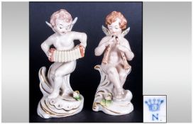 Capodimonti Pair of Small Elf Like Children playing musical instruments sitting on ornate garden