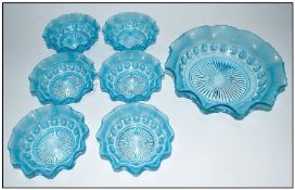 Glass Fruit Set Comprising Blue Coloured Glass Fruit Bowl & Six Dishes
