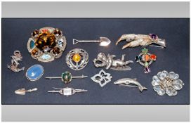 A Collection of Vintage Silver and White Metal Brooches. ( 13 ) In Total. Various Subjects and