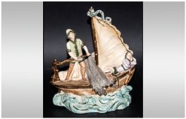A Very Fine 19th Century Bisque Group Figure of a Fishing Boat and Figures on The High Seas. Height