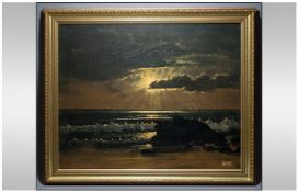 Framed Oil on Canvas by Australian artist IXER. `Beach at Sunset`. Gilt frame. Signed  lower right.