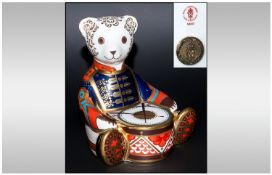 Royal Crown Derby Paperweight ` Drummer Bear ` Goviers, Seated. Gold Stopper, Date 1998 only. 1st