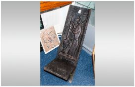 African Tribal Art Style Carved Wooden Seat Two Piece Construction, The Carved Backrest With Figure