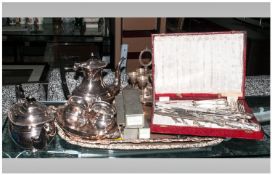 Quantity of Silver Plated Ware including trays, egg cups, flat ware, goblets, teapot, water jug etc