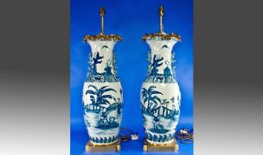 Very Fine and Impressive Pair of Chinese Blue and White Kangxi Floor Vases of Large Size, 28 inches