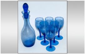 Wine Decanter With Six Matching Glasses, Blue glass decorated wit images of grape vines. 11.25`` in