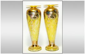 A Fine Pair of Victorian Vaseline Style Yellow Tall Vases, Overlaid with Floral and Gold