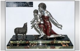 Art Deco Cold Painted Spelter Figural Centre Piece raised on a stepped marble base & signed For Ugo