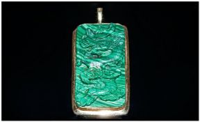 Large Carved Malachite Pendant, The Front Depicting A Dragon In High Relief, Set In A 14ct Gold