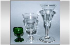 Three Pieces Of Glass Comprising Green Pressed Eye Bath, 18th/19thC Plain Stem Trumpet Shaped Wine