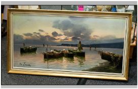Framed Oil Painting Of Italian With Fishermen in Their Boats, with a mountaneous landscape in the