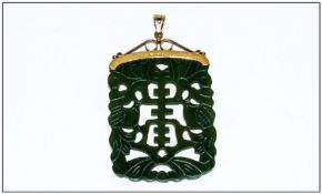 9ct Gold Set Jadeite Large Chinese Style Pendant Hallmark Birmingham 1979. 2.5`` in height, 17.