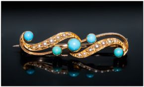 Victorian 14ct Gold Set Turquoise And Seed Pearl Brooch. 1.5`` in width, 3.4 grams. Excellent