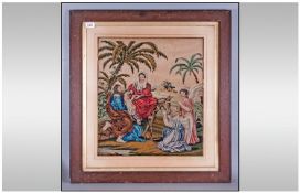 Large Framed Tapestry Depicting Mary On A Donkey, with Joseph holding baby Jesus & angels.
