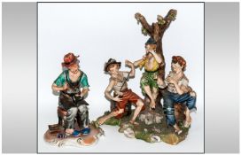 Two Capo Di Monte Figures One depicting boys playing instruments in a woodland setting 14`` in