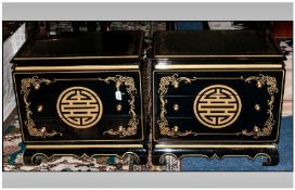 Pair Black Lacquered Bedside Cabinet Chests with three long drawers with round brass handles