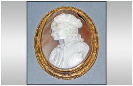 A Very Fine - High ct Gold Framed, 19th Century Oval Shaped Shell Cameo, Features a Finely Detailed