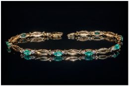Ladies 14ct Gold Set Emerald and Diamond Bracelet. 7.25 Inches Long, 4.8 grams.
