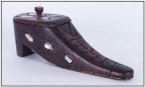 A Treen Model Of A Shoe. With a lift up top/lid mahogany with mother of pearl inlay. 19th Century,