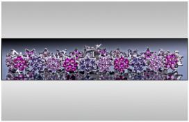 Pink Lilac And Magenta Simulated Diamond Bracelet, floral clusters of each colour, set in a single
