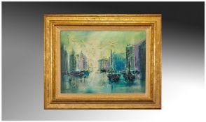 John Bampfield 1947 `Boats On Venice Canal` Oil On Canvas. Signed. 11.5 x 15.5 inches.