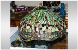 Tiffany Style Hanging Lampshade, Large Green Ground with Stylised Amber Flower and Green  Leaf Deep