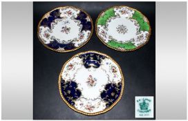 Three Coalport Cabinet Plates, Florally Decorated 2 With Cobalt Blue Panels, 1 With Green, Gilt