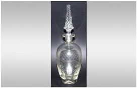 Vintage Pinch Bottom Glass Decanter, with stem twist stopper and etching to body; 13 inches high