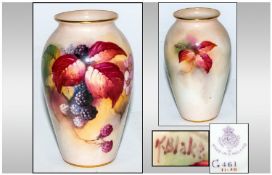 Royal Worcester Hand Painted Vase, fruit study, signed Kitty Blake; date 1928; 4 inches high;