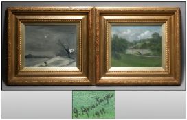 J Armitage Pair Of Oil Painting, On Board, signed & dated 1911. One of a landscape with a bridge