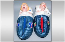 Pair of Novelty Spitting Image Margaret Thatcher Slippers depicting charactiure Margaret and Neil