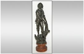 French 19th Century Spelter Figure Of A Fisherman with his net & catch looking skyward. Raised on a