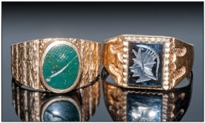 Two 9ct Gold Gents Signet Rings, One Set With Bloodstone, The Other Pyrite Intaglio, Both Fully