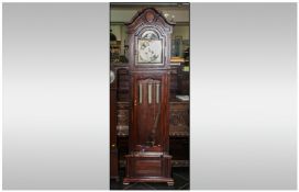 Reproduction Mahogany Cased Glazed Front Grandfather Clock with a brass arched rolling moon dial