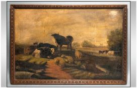 19thC Oil On Canvas Sheep And Cattle Grazing, Appears Unsigned, Needs Attention, Later Framed,